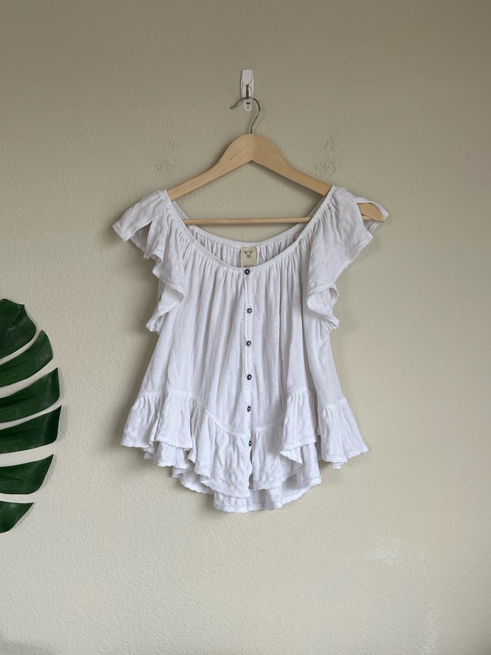 Free People White Ruffle Button Down Blouse Top